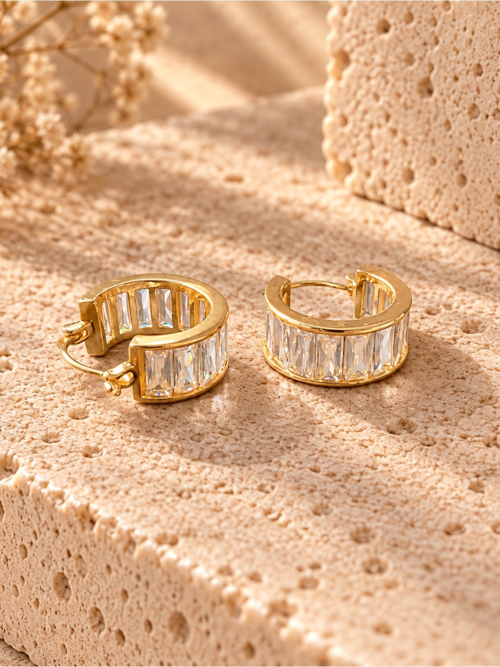 NWOT 14K Gold-Plated Sterling Silver Baguette Crystal Huggie Hoop Earrings
